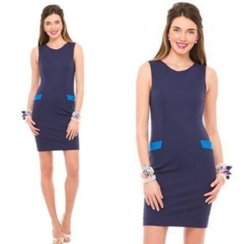 Lilly Pulitzer Allaine Sleeveless Shift Dress Navy Blue with Contrast Pockets Sm